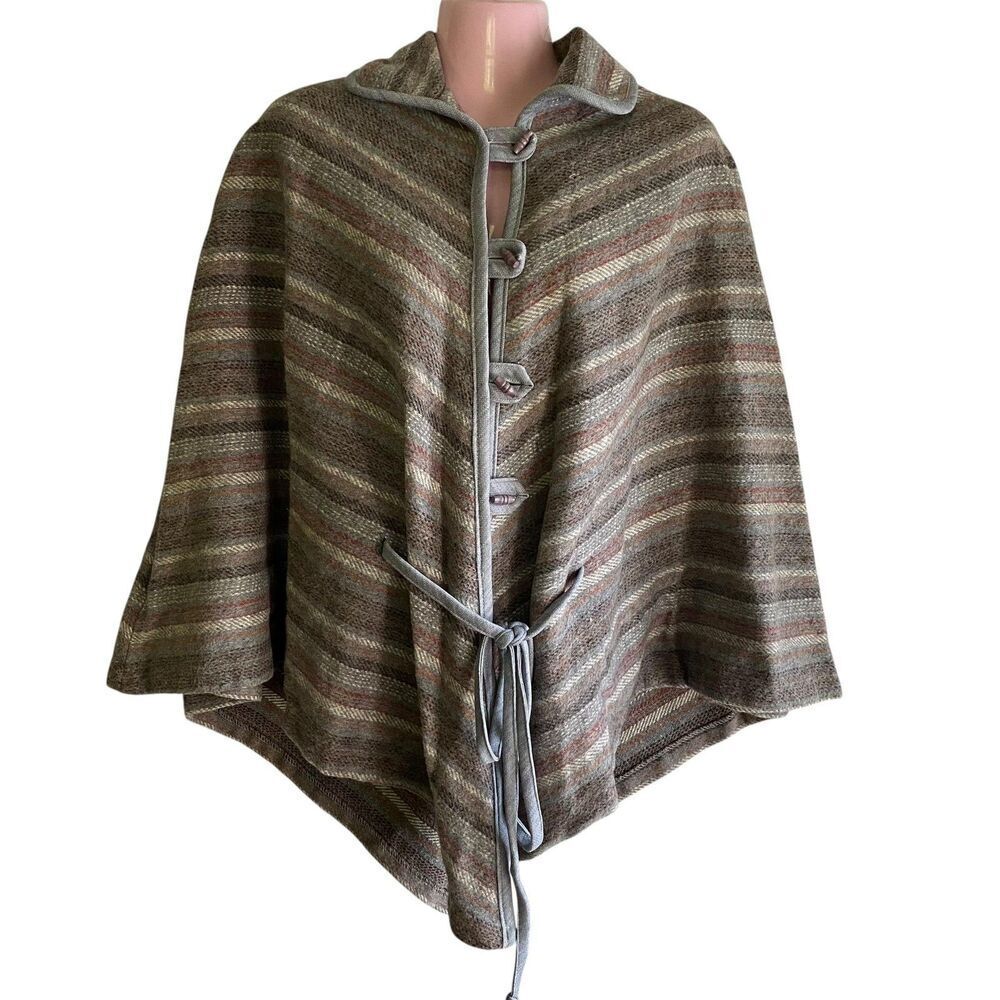 Vintage NPC Fashions Poncho Womens One Size Hooded Wool Striped Made USA 70s